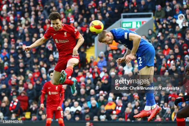 Diogo Jota of Liverpool heads the opening goal during the Emirates FA Cup Fourth Round match between Liverpool and Cardiff City at Anfield on...