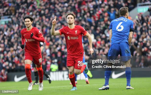 Liverpool player Diogo Jota celebrates after scoring the first goal during the Emirates FA Cup Fourth Round match between Liverpool and Cardiff City...