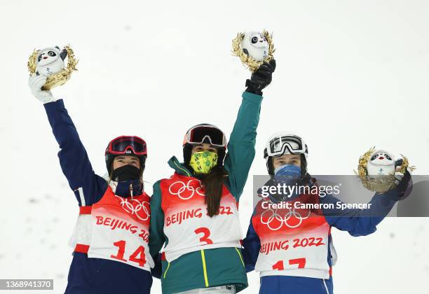 Gold medallist Jakara Anthony of Team Australia , Silver medallist Jaelin Kauf of Team United States and Bronze medallist Anastasia Smirnova of Team...