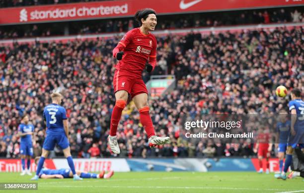 Liverpool player Takumi Minamino celebrates after scoring the second Liverpool goal during the Emirates FA Cup Fourth Round match between Liverpool...