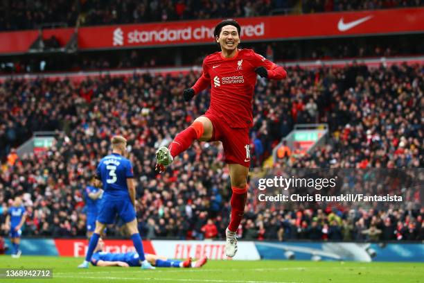 Takumi Minamino of Liverpool celebrates scoring his side's second goal during the Emirates FA Cup Fourth Round match between Liverpool and Cardiff...