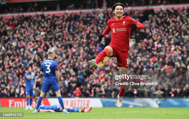 Liverpool player Takumi Minamino celebrates after scoring the second Liverpool goal during the Emirates FA Cup Fourth Round match between Liverpool...