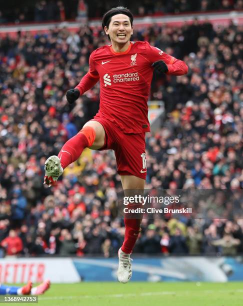 Liverpool player Takumi Minamino celebrates after scoring the second Liverpool goal during the Emirates FA Cup Fourth Round match between Liverpool...