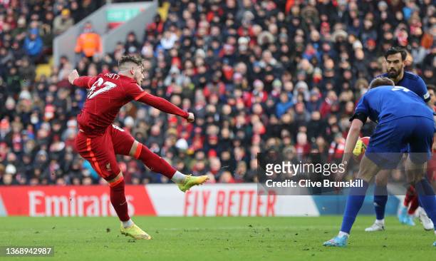 Liverpool player Harvey Elliott shoots to score the third Liverpool goal during the Emirates FA Cup Fourth Round match between Liverpool and Cardiff...