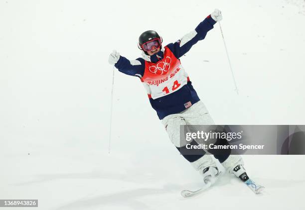 Jaelin Kauf of Team United States celebrates at the end of their run during the Women's Freestyle Skiing Moguls Final on Day 2 of the Beijing 2022...