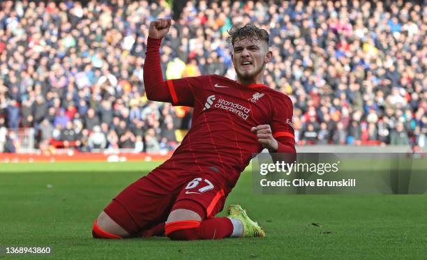 Liverpool player Harvey Elliott celebrates after scoring the third Liverpool goal during the Emirates FA Cup Fourth Round match between Liverpool and...