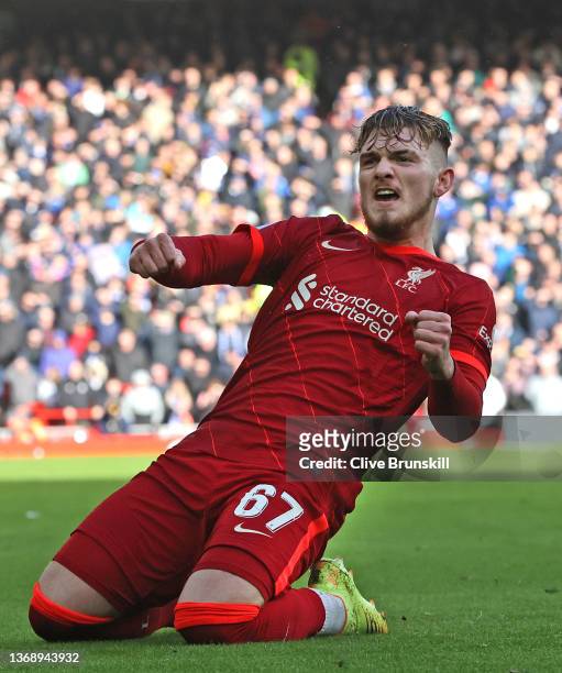 Liverpool player Harvey Elliott celebrates after scoring the third Liverpool goal during the Emirates FA Cup Fourth Round match between Liverpool and...