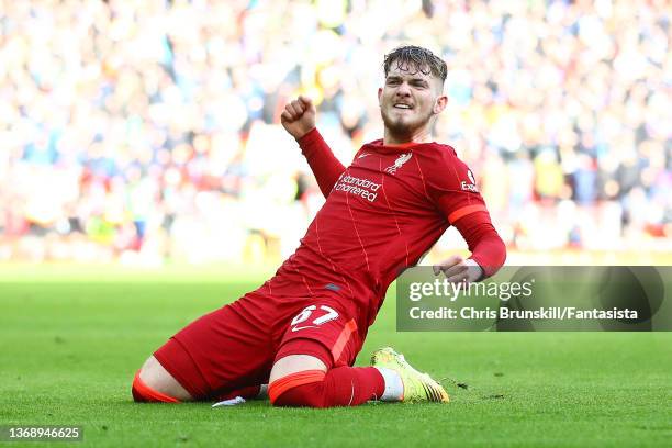 Harvey Elliott of Liverpool celebrates scoring his side's third goal during the Emirates FA Cup Fourth Round match between Liverpool and Cardiff City...