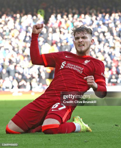 Liverpool player Harvey Elliott celebrates after scoring the third Liverpool goal during the Emirates FA Cup Fourth Round match between Liverpool and...