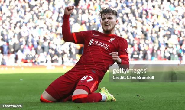 Liverpool player Harvey Elliott celebrates after scoring the third Liverpool goal during the Emirates FA Cup Fourth Round match between Liverpool and...