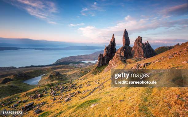 scenic view of landscape, old man of storr, isle of skye - old man of storr stock pictures, royalty-free photos & images