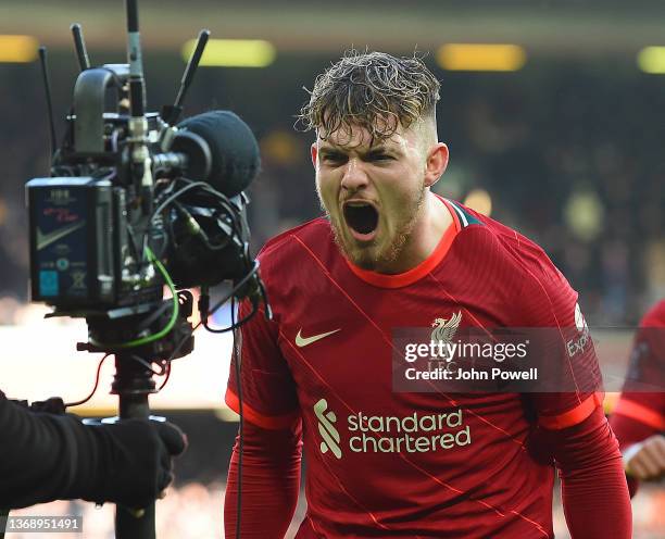 Harvey Elliott of Liverpool celebrates scoring his goal during the Emirates FA Cup Fourth Round match between Liverpool and Cardiff City at Anfield...