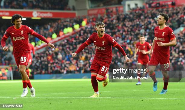 Harvey Elliott of Liverpool celebrates scoring his goal during the Emirates FA Cup Fourth Round match between Liverpool and Cardiff City at Anfield...