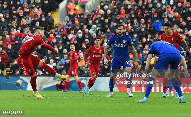 Harvey Elliott of Liverpool fires in his goal during the Emirates FA Cup Fourth Round match between Liverpool and Cardiff City at Anfield on February...