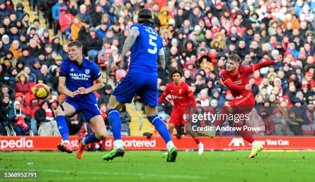 Harvey Elliott of Liverpool scoring the third goal during the Emirates FA Cup Fourth Round match between Liverpool and Cardiff City at Anfield on...
