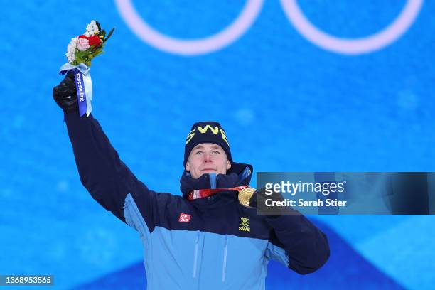 Gold medalist Walter Wallberg of Team Sweden celebrates during the Men's Moguls medal ceremony at Medal Plaza on February 06, 2022 in Zhangjiakou,...