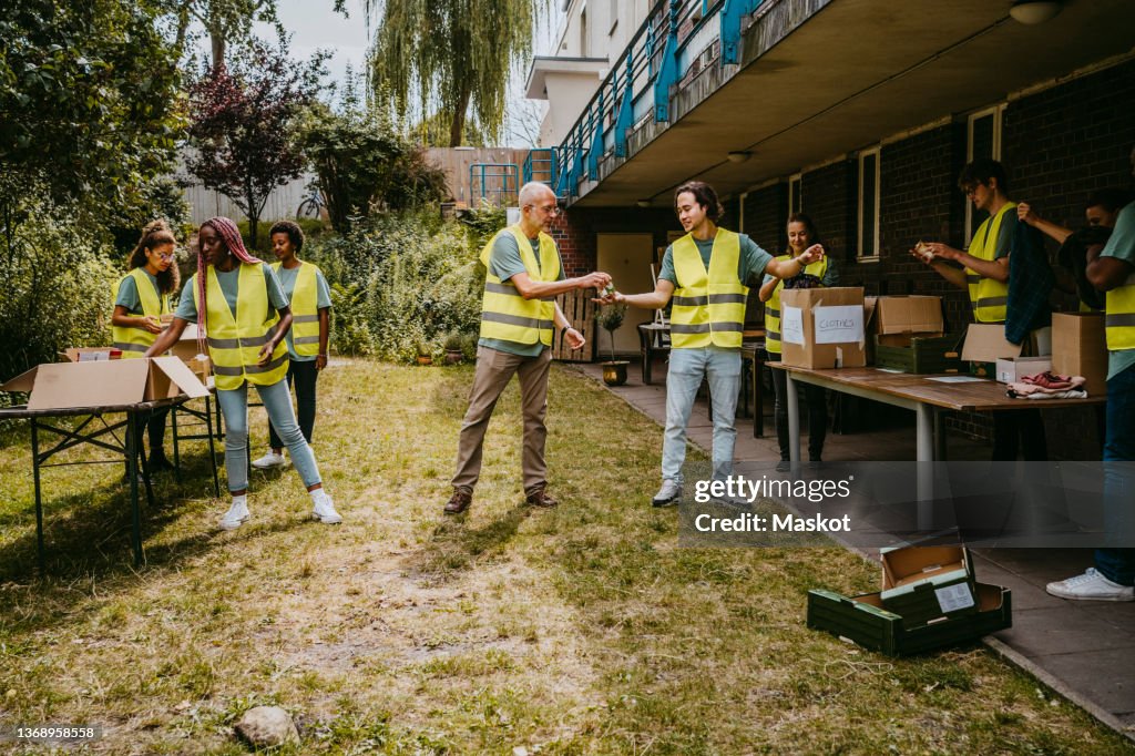 Male and female volunteers helping each other while working in garden