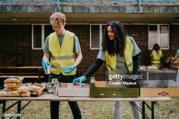 female and male volunteers arranging food cans in box on table - charitable foundation foto e immagini stock