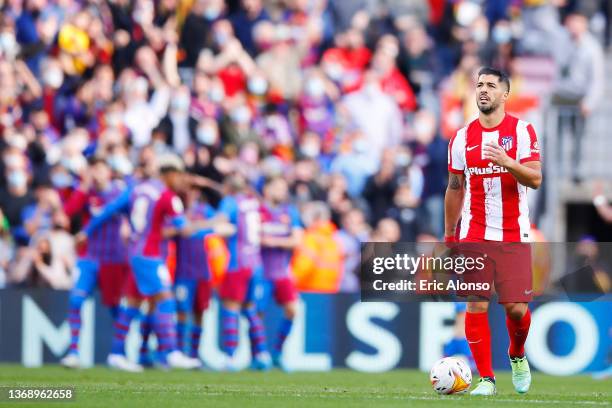 Luis Suarez of Atletico de Madrid looks dejected after the second goal of Barcelona during the LaLiga Santander match between FC Barcelona and Club...