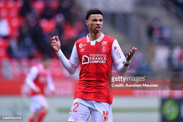 Hugo Ekitike of Stade de Reims reacts during the Ligue 1 Uber Eats match between Reims and Bordeaux at Stade Auguste Delaune on February 06, 2022 in...