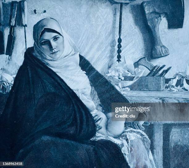 virgin mary holding the baby sitting in a carpeter workshop - workshop table top stock illustrations