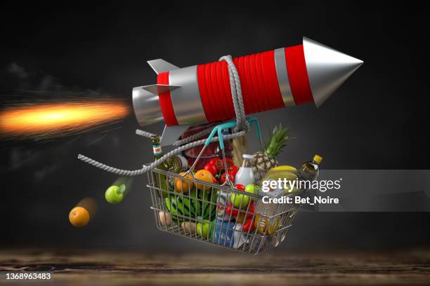 Fast delivery, growth of market basket or consumer price index, inflation or growth of food sales concept. Shopping basket with foods on flying rocket.