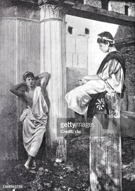 in the sunny south, two rich boys are chatting between pillars, ancient rome - ancient rome stock illustrations