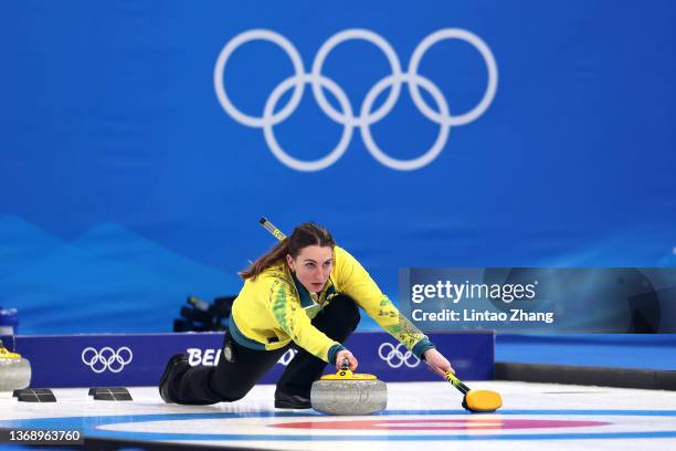 Tahli Gill of Team Australia competes against Team Canada during the Curling Mixed Doubles Round Robin on Day 2 of the Beijing 2022 Winter Olympics...