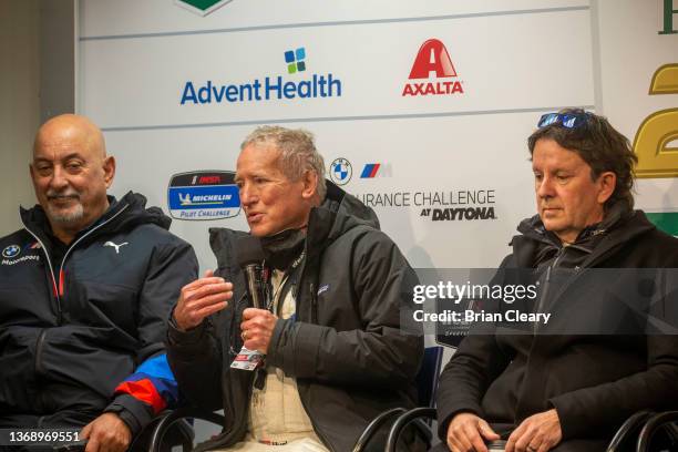 Bobby Rahal, Hurley Haywood and Wayne Taylor speak to the media before the Rolex 24 during the IMSA WeatherTech Series race at Daytona International...