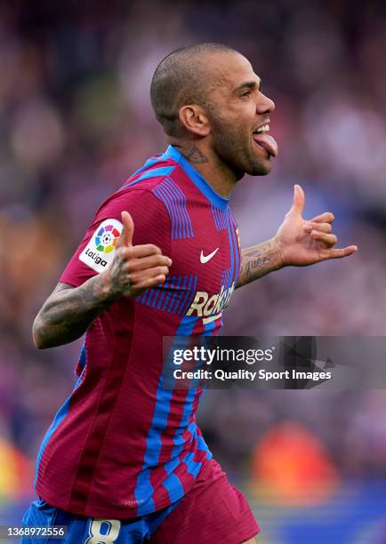 Dani Alves of FC Barcelona celebrates after scoring their side's fourth goal during the La Liga Santander match between FC Barcelona and Club...