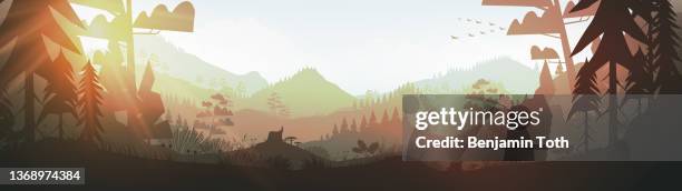 stockillustraties, clipart, cartoons en iconen met forest and mountains at sunset background - wandelen bos