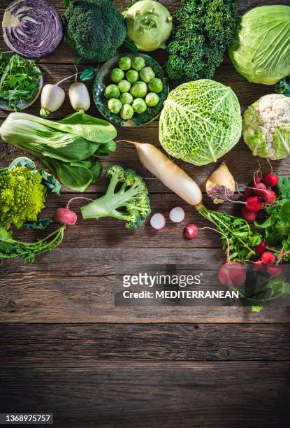 surtido de verduras crucíferas como repollo, brócoli, repollo, nabo, col rizada, romanesco, rábano, rúcula - col fotografías e imágenes de stock