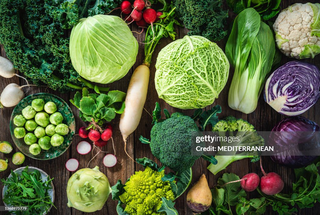 Kreuzblütler Gemüsesortiment wie Kohl, Brokkoli, Kohl, Rüben, Grünkohl, Romanesco, Rettich, Rucola