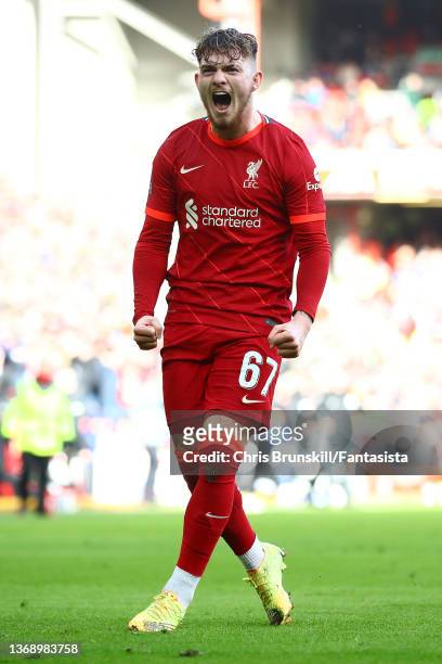 Harvey Elliott of Liverpool celebrates scoring his side's third goal during the Emirates FA Cup Fourth Round match between Liverpool and Cardiff City...