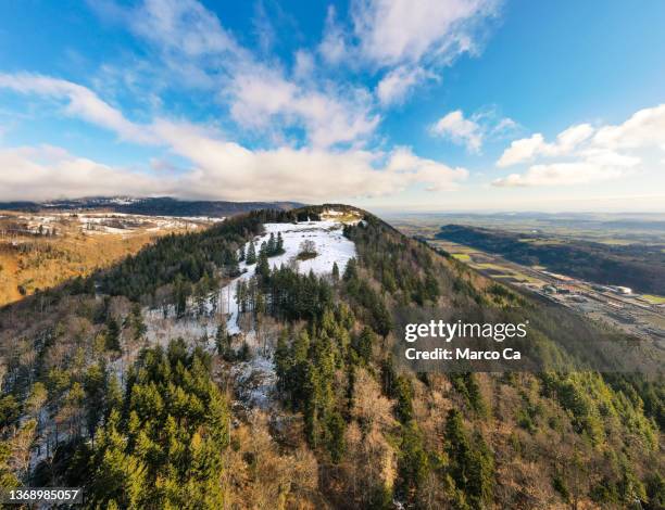 aerial view of the jura mountains near the city of biel bienne - jura stockfoto's en -beelden