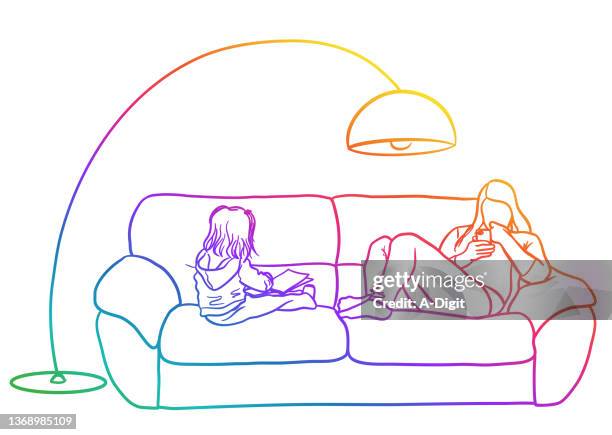 mom and daughter digital age rainbow line art - family on sofa stock illustrations