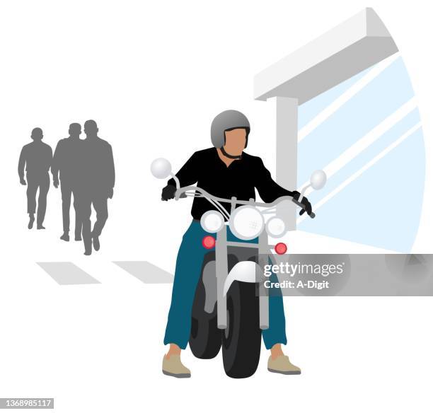 illustrazioni stock, clip art, cartoni animati e icone di tendenza di motociclista in strada con gli affari - biker