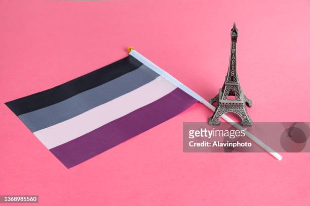 lgtb + flag with eiffel tower. asexuality flag - marriage equality demonstration in paris stockfoto's en -beelden