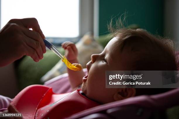 madre che allatta la bambina carina con un cucchiaio - pure foto e immagini stock