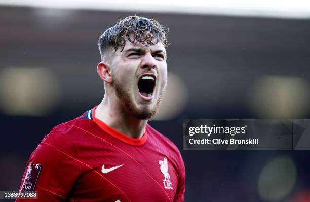 Liverpool player Harvey Elliott celebrates after scoring the third Liverpool goal during the Emirates FA Cup Fourth Round match between Liverpool and...