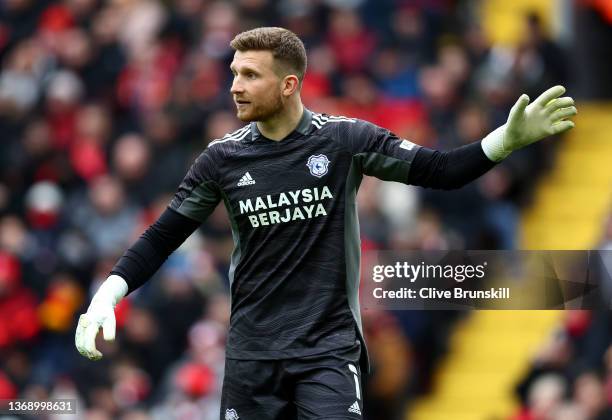 Dillon Phillips of Cardiff City during the Emirates FA Cup Fourth Round match between Liverpool and Cardiff City at Anfield on February 06, 2022 in...