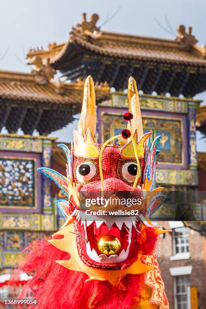 chinese dragon up close - chinese new year dragon dance stock pictures, royalty-free photos & images