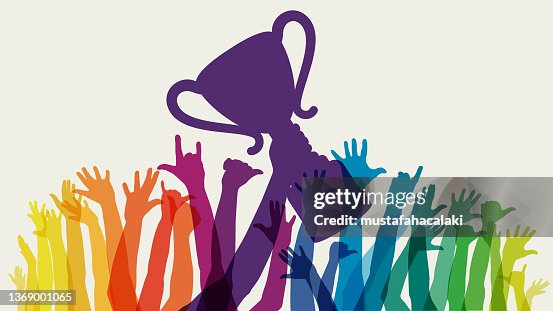 Raised rainbow arms with trophy Raised rainbow arms with trophy