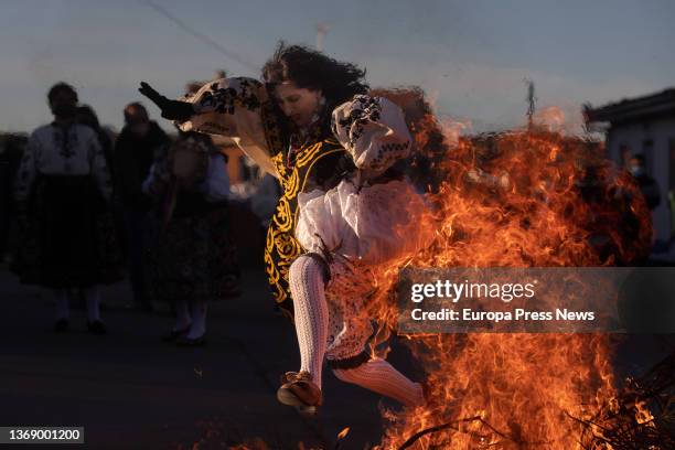 People celebrate the traditional Fiesta de las Aguedas on February 6, 2022 in Andavias, Zamora, Castilla y Leon, Spain. This celebration, also known...