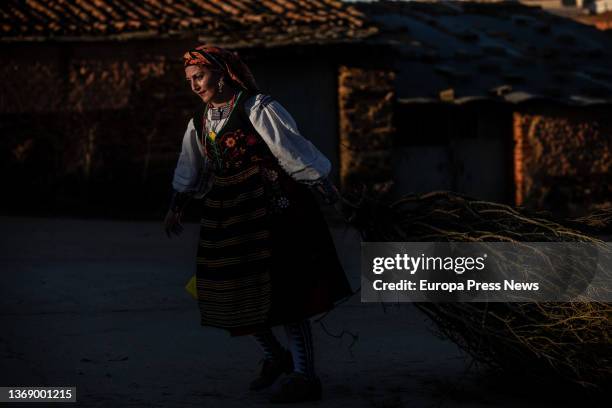 People celebrate the traditional Fiesta de las Aguedas on February 6, 2022 in Andavias, Zamora, Castilla y Leon, Spain. This celebration, also known...