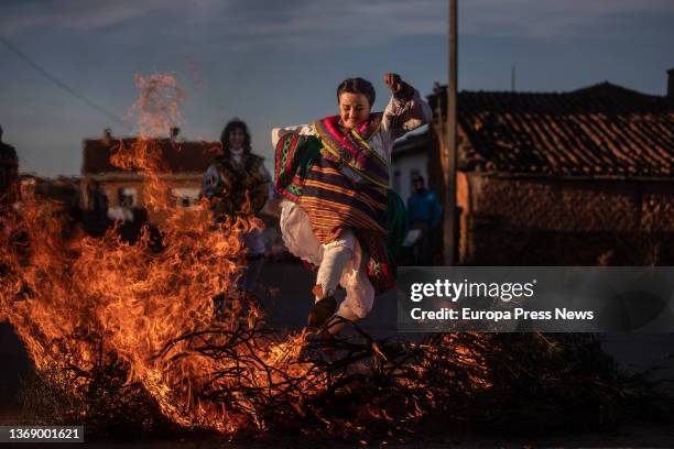 People celebrate the traditional Fiesta de las Aguedas on February 6, 2022 in Andavias, Zamora, Castilla y Leon, Spain. This celebration, also known...