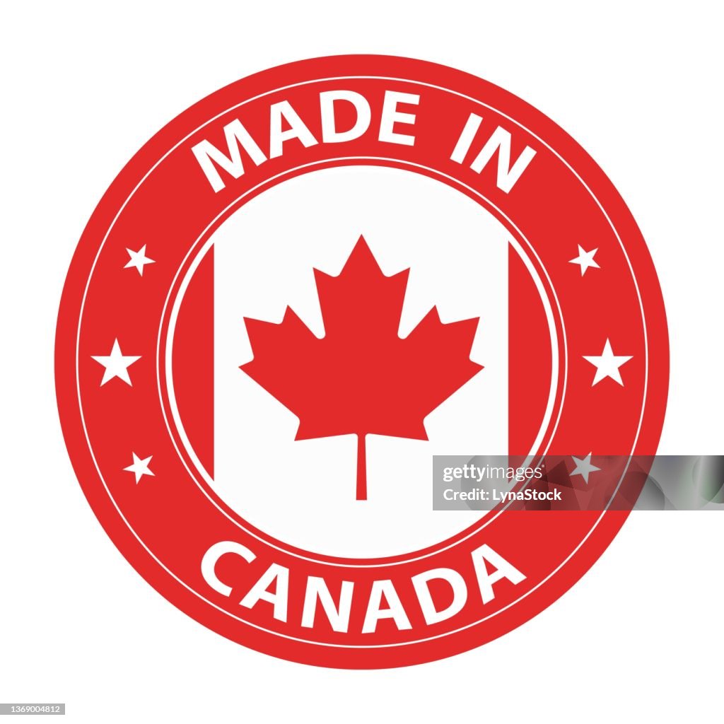 Made in Canada badge vector. Sticker with stars and national flag. Sign isolated on white background.