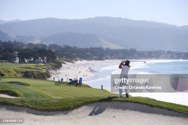 Musician Lukas Nelson plays his second shot on the ninth hole during the final round of the AT&T Pebble Beach Pro-Am at Pebble Beach Golf Links on...