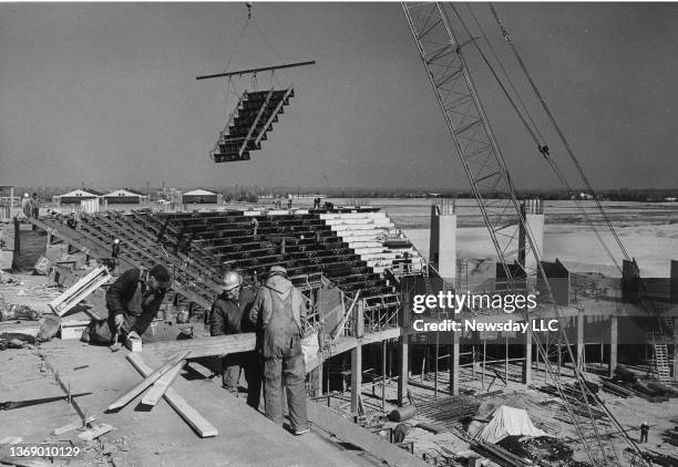 Construction crew works on building Nassau Coliseum on February 25, 1970.