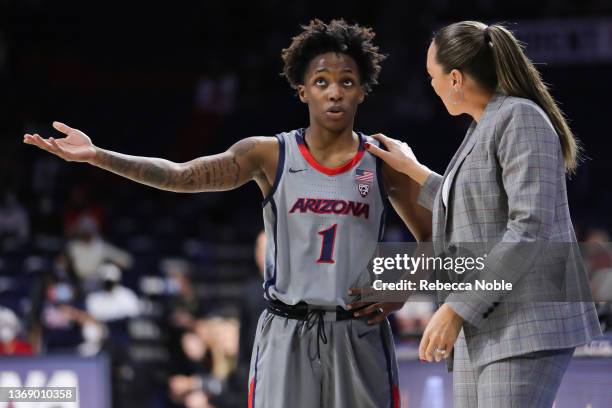 Guard Shaina Pellington of the Arizona Wildcats talks with head coach Adia Barnes of the Arizona Wildcats during their game against the Oregon State...